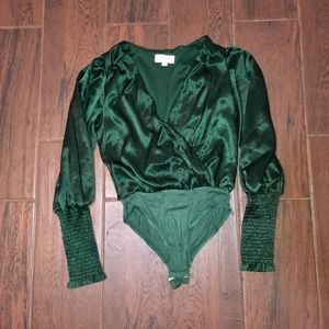 Small Satin Bodysuit Top Faux "wrap" Puff/Smocked Long Sleeves
